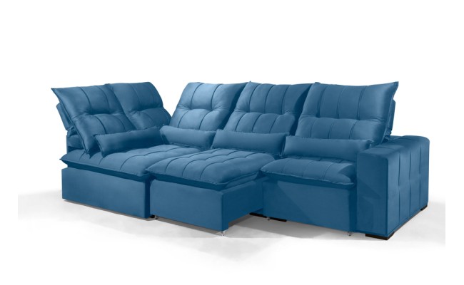 Sofá Retrátil Reclinável ELLOA DE CANTO COM CHAISE 3.05 x 1.80m ESTILO ESTOFADOS - Inca Velusoft COR "AZUL"