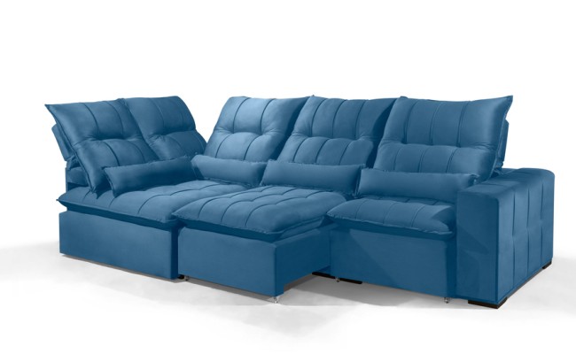 Sofá Retrátil Reclinável ELLOA DE CANTO COM CHAISE 3.05 x 1.80m ESTILO ESTOFADOS - Inca Velusoft COR "AZUL"