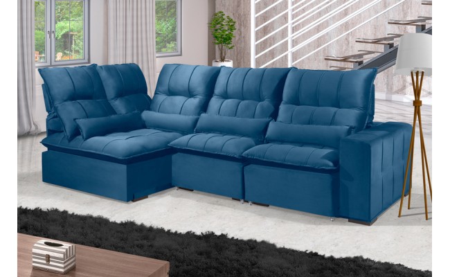 Sofá Retrátil Reclinável ELLOA DE CANTO COM CHAISE 3.05 x 1.80m ESTILO ESTOFADOS - Inca Velusoft COR "AZUL"