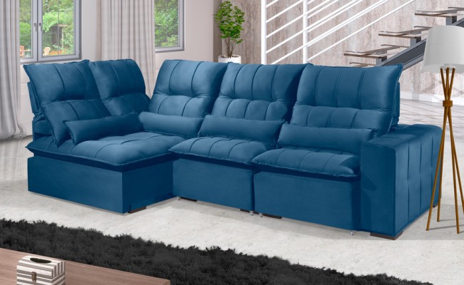 Sofá Retrátil Reclinável ELLOA DE CANTO COM CHAISE 3.05 x 1.80m ESTILO ESTOFADOS - Inca Velusoft COR "AZUL"