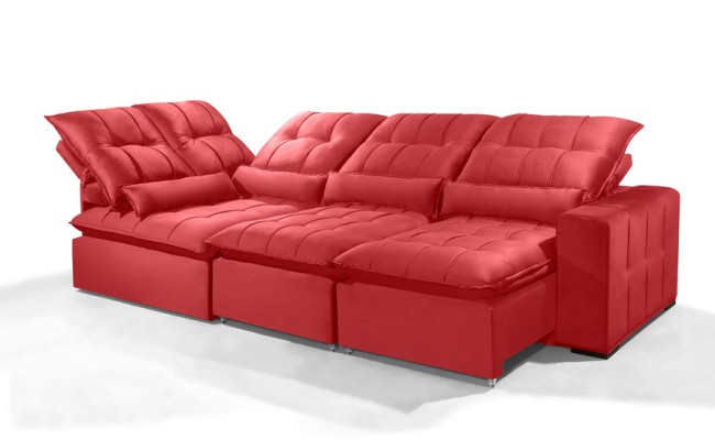 Sofá Retrátil Reclinável ELLOA DE CANTO COM CHAISE 3.25 x 1.80m ESTILO ESTOFADOS - Inca Velusoft COR "VERMELHO"