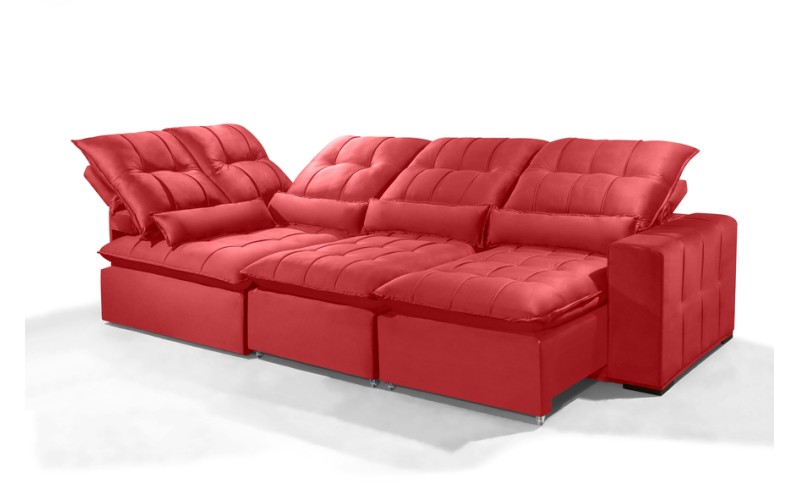 Sofá Retrátil Reclinável ELLOA DE CANTO COM CHAISE 3.65 x 1.80m ESTILO ESTOFADOS - Inca Velusoft COR "VERMELHO"