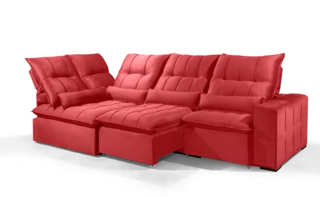 Sofá Retrátil Reclinável ELLOA DE CANTO COM CHAISE 3.05 x 1.80m ESTILO ESTOFADOS - Inca Velusoft COR "VERMELHO"