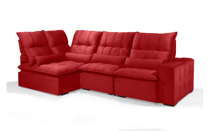 Sofá Retrátil Reclinável ELLOA DE CANTO COM CHAISE 3.65 x 1.80m ESTILO ESTOFADOS - Inca Velusoft COR "VERMELHO"