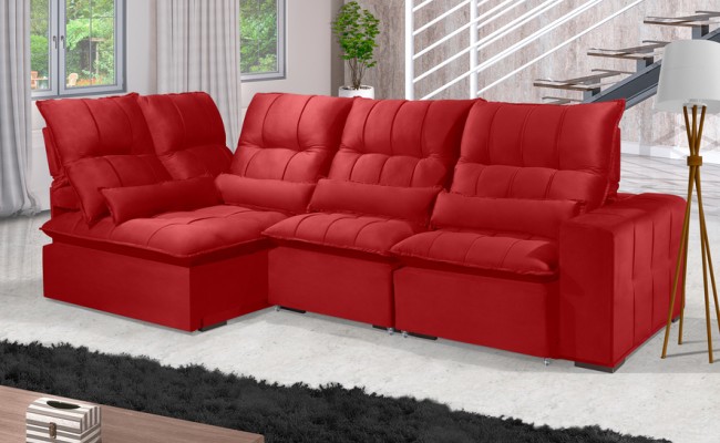 Sofá Retrátil Reclinável ELLOA DE CANTO COM CHAISE 3.05 x 1.80m ESTILO ESTOFADOS - Inca Velusoft COR "VERMELHO"