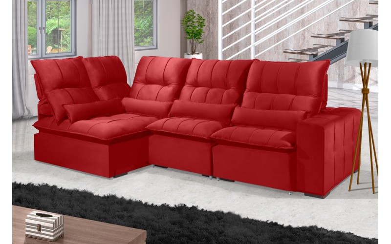 Sofá Retrátil Reclinável ELLOA DE CANTO COM CHAISE 3.65 x 1.80m ESTILO ESTOFADOS - Inca Velusoft COR "VERMELHO"