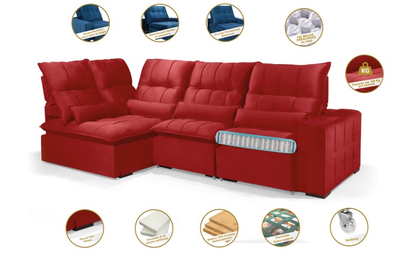 Sofá Retrátil Reclinável ELLOA DE CANTO COM CHAISE 3.65 x 1.80m ESTILO ESTOFADOS - Inca Velusoft COR "VERMELHO"