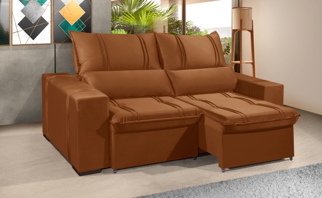 Sofá Retrátil e Reclinável 2.50m ESTILO ESTOFADOS - THOR com SoftGel D33 Velusoft "Terracota"